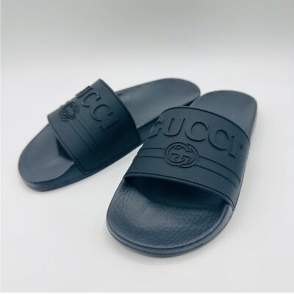 Gucci Black Embossed Slide Sandals - Picture 1 of 9